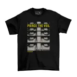 Remera negra de manga corta con estampa frontal gráfica de la banda Pierce The Veil, con diseño de ojos en escala de grises y texto en amarillo.