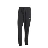 Pantalón deportivo negro de Adidas, modelo Esencial Small Logo, para hombre. Diseño liso con logo pequeño en blanco en la pierna izquierda, cintura elástica con cordón ajustable y puños elásticos.
