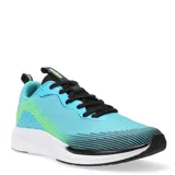 Championes deportivos Umbro modelo Primus, de color turquesa con detalles en negro y verde neón. Presentan un diseño aerodinámico con cordones negros, suela blanca con amortiguación y refuerzo en la puntera.