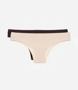 Kit de dos bombachas bikini hilo Lov confeccionadas en poliamida seamless sin costuras, una en tono beige claro y otra en marrón oscuro. Presentan diseño al cuerpo con cintura elástica contrastante.