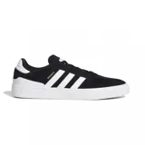 Championes adidas Busenitz Vulc II de estilo skate, confeccionados en gamuza negra con las icónicas tres tiras laterales en blanco. Presentan una suela vulcanizada blanca, refuerzo en el talón y el nombre del modelo en dorado en el lateral.