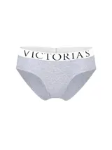 Bombacha hiphugger de Victoria's Secret en color gris melange, confeccionada en mezcla de algodón, con cintura elástica ancha en color blanco y el nombre de la marca en letras negras.