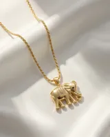 Cadena de acero con baño de oro y dije de bronce en forma de elefante con detalles de circonias.