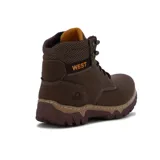 Bota acordonada de cuero sintético color marrón, con suela de goma y detalles de costuras.