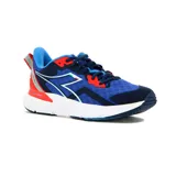 Championes de running Diadora Mythos Blushield Volo 3, con diseño técnico en malla azul, detalles en rojo y blanco, y tecnología de amortiguación en la entresuela.