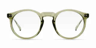 Armazón de receta con diseño redondeado y estilo vintage, fabricado en material bio-based color verde claro traslúcido.