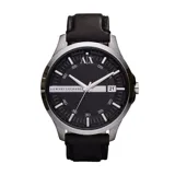 Reloj Armani Exchange modelo Hampton con caja plateada de acero inoxidable de 46mm y esfera negra texturizada con el logo AX. Correa de cuero negro, cristal mineral y movimiento de cuarzo. Resistente al agua hasta 50 metros.