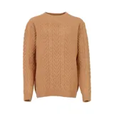 Sweater de punto color tostado, con cuello redondo y diseño de trenzas verticales en el frente y las mangas.