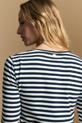Remera de manga larga con diseño de rayas horizontales en azul marino y blanco, cuello redondo y corte entallado.