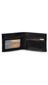 Billetera de cuero lisa color negro con pespuntes azules. Cuenta con compartimentos para billetes, visor y tarjeteros.