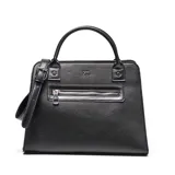 Cartera de mano tipo tote marca XL, color negro, confeccionada en material símil cuero con textura granulada. Presenta doble asa superior, correa ajustable y extraíble, y un bolsillo frontal con cierre metálico.