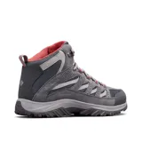 Bota de trekking Columbia modelo Crestwood Mid, diseñada con tecnología impermeable Omni-Tech. Presenta una combinación de gamuza y malla en tonos grises, con detalles en naranja en los cordones y el interior. Cuenta con entresuela TechLite para amortiguación y suela Omni-Grip para tracción en diversos terrenos.