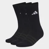 Pack de tres pares de medias Adidas de media caña, color negro, con plantilla acolchada y refuerzo en el arco plantar. Presentan el logo de la marca bordado en el lateral y las tres bandas características en la zona del empeine.