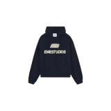 Hoodie de punto color azul marino, de corte oversize, con capucha, bolsillo tipo canguro y el logotipo de la marca bordado en relieve en el centro del pecho en color blanco.