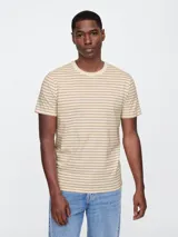 Remera de manga corta con cuello redondo, confeccionada en tejido de algodón con diseño de rayas horizontales finas en color marrón sobre fondo beige.