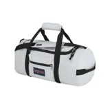 Bolso de viaje Jansport Superbreak Away Duffel de 40 litros, color blanco con detalles en negro y logo de la marca en azul. Cuenta con doble asa de mano, correa de hombro ajustable y extraíble, bolsillo frontal con cierre y compartimento principal con cierre.