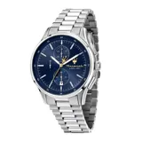 Reloj cronógrafo Maserati Sorpasso con caja de acero inoxidable de 42 mm, brazalete metálico plateado y esfera azul con efecto sunray. Incluye fechador y detalles en dorado.
