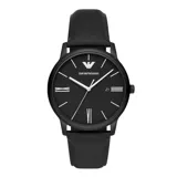 Reloj Emporio Armani Minimalist con caja de acero inoxidable negra de 42mm de diámetro, esfera negra minimalista con agujas e indicadores plateados, cristal mineral y correa de cuero negra. Resistente al agua hasta 50 metros.