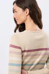 Buzo tejido de algodón con diseño de rayas horizontales en tonos azules, beige y rosado, cuello redondo y manga larga.