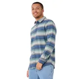 Camisa de manga larga Rip Curl modelo Mod Cali Flannel, con diseño de rayas horizontales en tonos verdes y azules. Presenta cuello clásico, cierre frontal con botones y un bolsillo en el pecho.