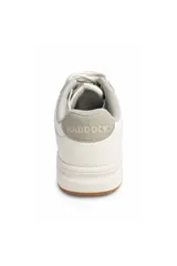Zapatilla urbana con combinación de tonos tostado, marrón y beige, acordonada, con suela deportiva blanca y cuello acolchado.