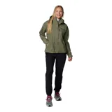 Campera impermeable Columbia modelo Hikebound II, color verde oliva. Cuenta con capucha ajustable, cierre frontal con solapa, bolsillos laterales y un bolsillo en el pecho con cierre impermeable. Diseño técnico transpirable con costuras selladas.