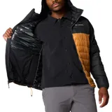 Campera puffer con capucha, diseño bicolor en negro y mostaza, con cierre frontal, bolsillos laterales con cierre y puños elásticos.