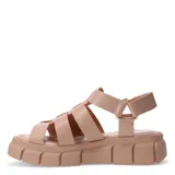 Sandalias de cuero color beige, con diseño de tiras anchas entrelazadas y suela de plataforma dentada. Cuenta con cierre de velcro en el talón para un ajuste seguro.
