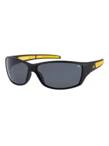 Lentes de sol Caterpillar modelo CTS 8016, con armazón envolvente negro de diseño deportivo y detalles en amarillo. Cuentan con lentes polarizadas oscuras y protección 100% contra rayos UVA y UVB.