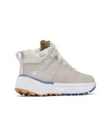 Bota de senderismo Columbia modelo Facet 75 Equinox, color beige con detalles en blanco y suela con relieve en tonos azul y marrón. Presenta tecnología impermeable OutDry, forro térmico Omni-Heat Infinity y refuerzos de TPU para mayor estabilidad.