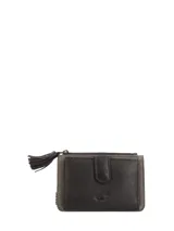 Billetera bifold Rockford, confeccionada en suede gris claro con compartimento frontal y solapa en cuero marrón oscuro. Cuenta con cierre de cremallera metálica con tirador de borla de cuero, cierre de broche magnético, múltiples ranuras para tarjetas y tecnología RFID.