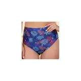 Bombacha de bikini tiro alto azul con estampado tropical de hojas en tonos rojos y celestes.