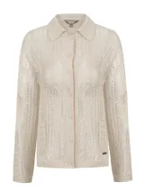 Cardigan de punto calado color beige de la marca RKF, con cuello camisero, mangas largas y cierre frontal con botones.