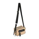 Bandolera de cuero sintético en color verde oliva con detalles en negro, incluyendo bolsillo frontal con cierre y borla decorativa. Cuenta con correa ajustable negra y doble compartimento principal.