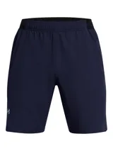 Short deportivo Under Armour Vanish Wvn, color azul marino, con bolsillos laterales, aberturas en el bajo y logo reflectante en la pierna derecha.