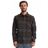 Camisa de franela a cuadros en tonos marrón, gris y azul, de manga larga, con cuello clásico, cierre frontal con botones, bolsillo de parche en el pecho y corte recto.