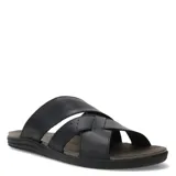 Sandalias de cuero para hombre con diseño de tiras cruzadas, una de ellas con textura perforada. Poseen base ergonómica y suela de goma antideslizante.