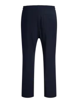 Pantalón jogging azul marino de fit relajado, tiro medio y cintura elástica. Confeccionado en tejido de felpa sin frisa, cuenta con elástico en la cintura, cordón ajustable y bordado sutil en el lateral.