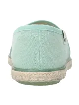 Alpargatas de algodón orgánico color turquesa, con suela de goma y detalle de yute trenzado. Presenta una etiqueta lateral con logo de pato.