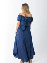 Falda larga azul marino de algodón italiano, con cintura elástica y cinto de rafia elastizado incluido.