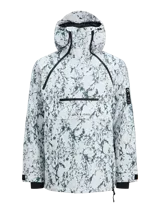 Campera anorak de ski técnica impermeable y cortaviento con capucha ajustable. Presenta un diseño tipo canguro con bolsillo frontal con cierre y solapa con velcro, ventilación bajo los brazos y puños ajustables. Confeccionada en tejido resistente con estampado marmolado.
