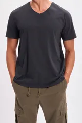 Remera de manga corta con cuello en V, color negro, de corte clásico.