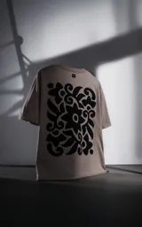 Remera de algodón color arena con estampado floral abstracto en color negro en la parte posterior y pequeño logo en la nuca.