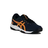Championes Asics Gel-backhand color azul marino con detalles en naranja y suela blanca.