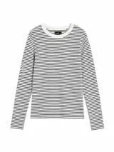 Remera de manga larga con cuello redondo, confeccionada en tejido de punto con estampado de rayas horizontales finas en color negro sobre fondo blanco.