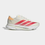 Championes de running Adidas Adizero SL 2, color blanco hueso con tres franjas laterales en rojo degradado. Presentan una mediasuela gruesa con tecnología Lightstrike Pro y detalles en color naranja pálido en el talón.