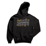 Canguro negro con capucha y bolsillo frontal tipo canguro. Presenta un estampado gráfico en el pecho con el nombre de la banda Arctic Monkeys, junto con elementos decorativos como un teléfono, estrellas y un rayo en tonos blanco y dorado.