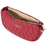 Mini cartera Guess modelo Valla, color rojo, con diseño acolchado en forma de media luna. Presenta correa ajustable para llevar al hombro y logo metálico frontal.