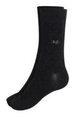 Par de medias de vestir negras con pequeños puntos grises y logo de la marca en el lateral.