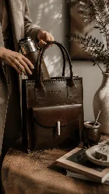 Bolso matero de cuero marrón con diseño estructurado, costuras decorativas en el borde superior y bolsillo frontal con cierre de botón tipo colmillo. Incluye asas de mano y espacio interior diseñado para transportar termo y accesorios de mate.